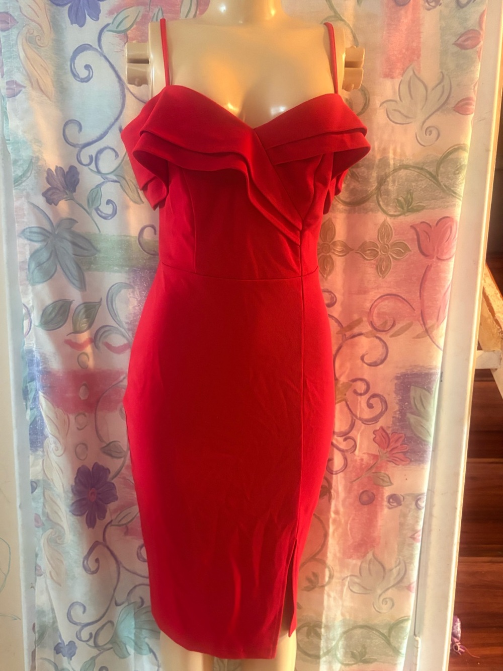 Women’s Red Off-Shoulder Ruffle Midi Dress